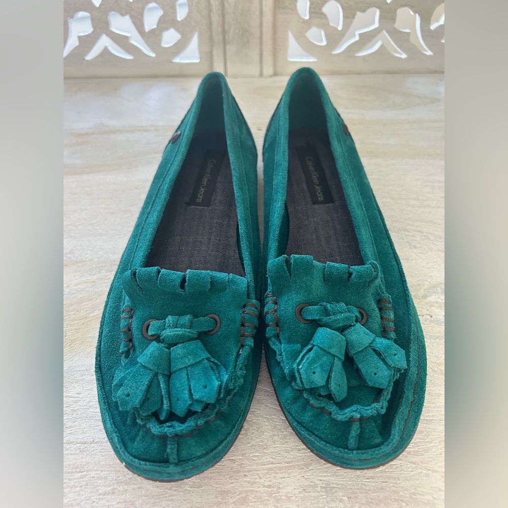 NEW Calvin Klein Jean Teal Suede Tassel Loafer Leather Shoes MELODY Moccasin 8.5